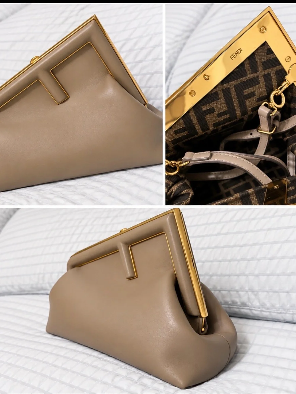 Fendi First Medium Taupe Leather Clutch with Gold Frame Trim